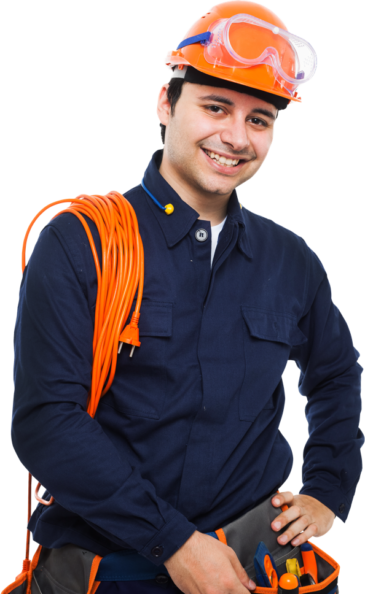 Smiling Hardie team member wearing a hardhat including safety goggles, with extension cord slung over his shoulder, while grabbing a tool from his tool belt.